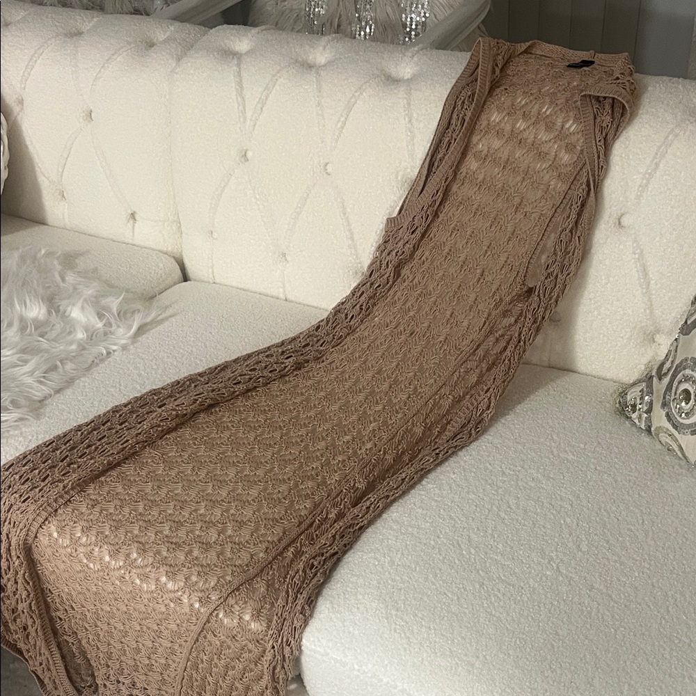 Boho Crochet Cover-Up Dress / Long Vest – Neutral Beige